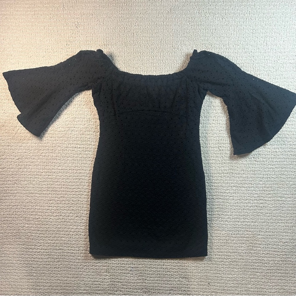 Free People Sophia M Black Eyelet Crochet Off-The-Shoulder Mini Dress, Goth Vamp - Picture 6 of 7